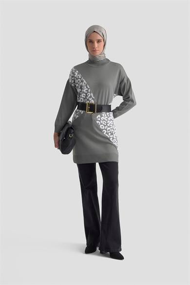 Leopar Desenli Triko Tunik Gri 25YTD4109