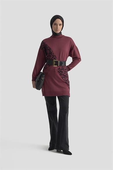 Leopar Desenli Triko Tunik Bordo 25YTD4109