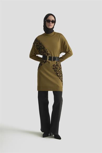 Leopar Desenli Triko Tunik Yağ Yeşili 25YTD4109