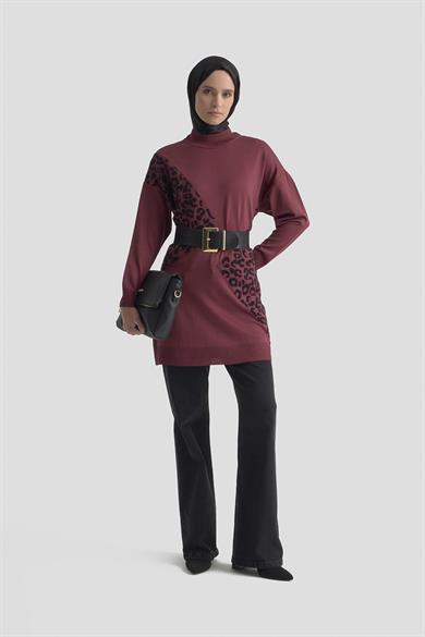 Leopar Desenli Triko Tunik Bordo 25YTD4109