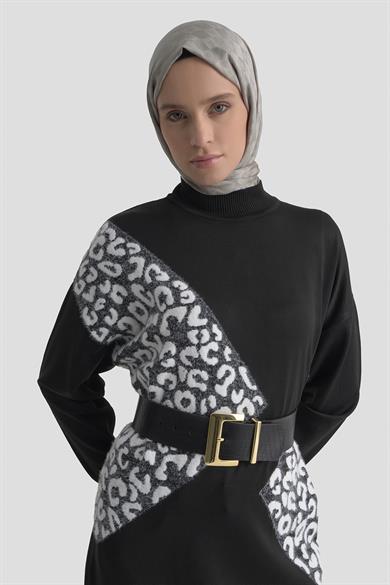 Leopar Desenli Triko Tunik Siyah 25YTD4109