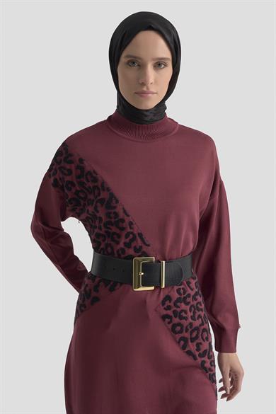 Leopar Desenli Triko Tunik Bordo 25YTD4109
