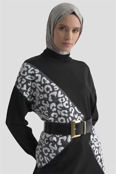 Leopar Desenli Triko Tunik Siyah 25YTD4109