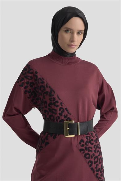 Leopar Desenli Triko Tunik Bordo 25YTD4109