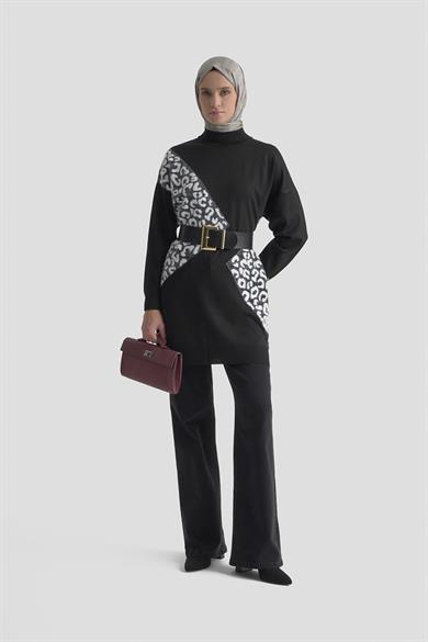 Leopar Desenli Triko Tunik Siyah 25YTD4109