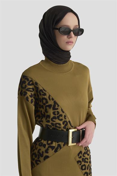 Leopar Desenli Triko Tunik Yağ Yeşili 25YTD4109