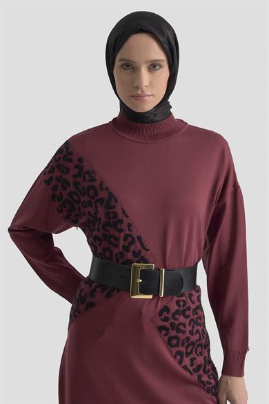 Leopar Desenli Triko Tunik Bordo 25YTD4109