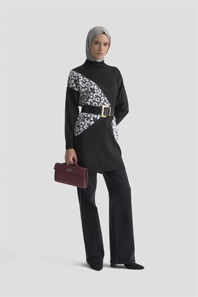 Leopar Desenli Triko Tunik Siyah 25YTD4109