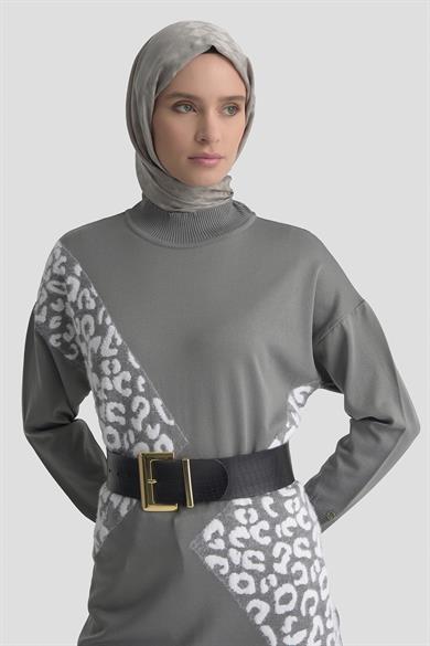 Leopar Desenli Triko Tunik Gri 25YTD4109
