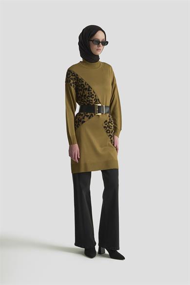Leopar Desenli Triko Tunik Yağ Yeşili 25YTD4109