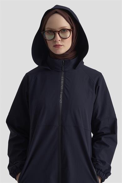 Marka Yazılı Fermuarlı Gizli Kapüşonlu Giyçık Lacivert 25KT548