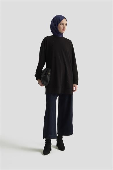 Önü Taş İşlemeli Tunik Siyah 25KT449