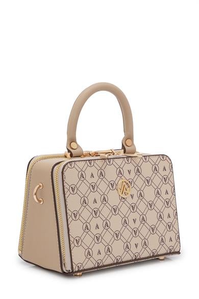 Piramit Çift Körüklü Omuz ve El Çantası Bej Baskılı ARM168