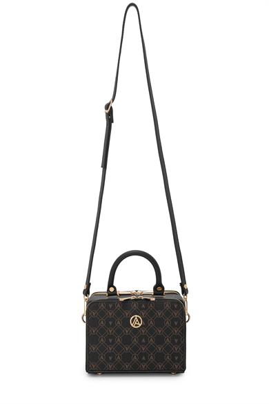 Piramit Çift Körüklü Omuz ve El Çantası Siyah Baskılı ARM168