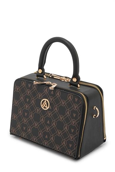 Piramit Çift Körüklü Omuz ve El Çantası Siyah Baskılı ARM168