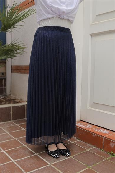 Pliseli Sim Desenli Etek-Lacivert 25YT101