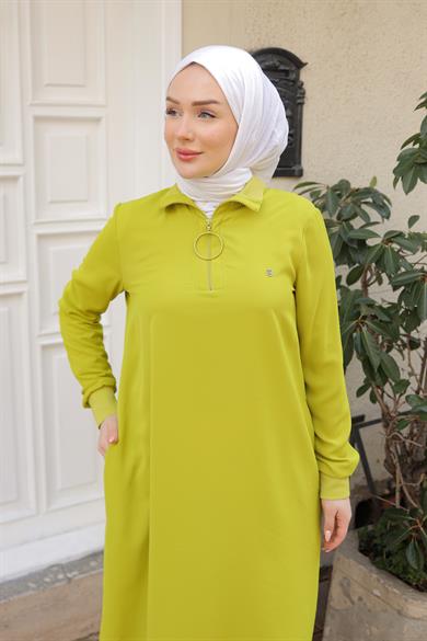 Ribanalı Fermuarlı Krep Kumaşlı Tunik-Fıstık Yeşil 25YT460