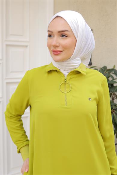 Ribanalı Fermuarlı Krep Kumaşlı Tunik-Fıstık Yeşil 25YT460