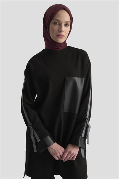 Şerit Detaylı Deri Garnili Tunik Siyah 24KT443