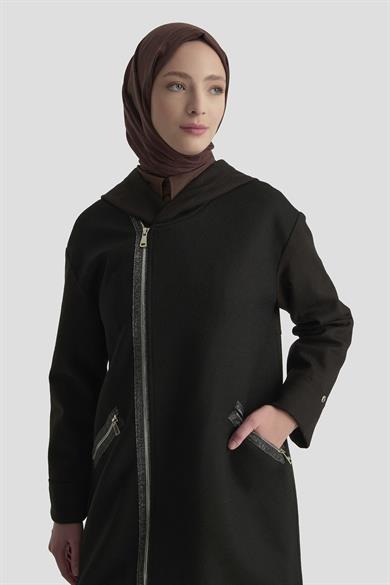 Simli Fermuar Detaylı Kapüşonlu Astarlı GiyÇık Siyah 25KT504