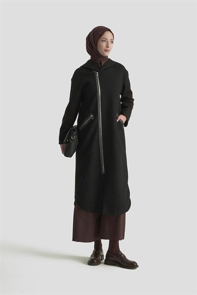 Simli Fermuar Detaylı Kapüşonlu Astarlı GiyÇık Siyah 25KT504