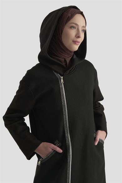 Simli Fermuar Detaylı Kapüşonlu Astarlı GiyÇık Siyah 25KT504