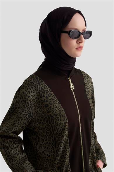 Simli Leopar Desenli Garnili Gold Fermuar Detaylı Pantolonlu İkili Takım Kahverengi 25KT674