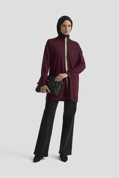 Simli Şerit Detaylı Yarım Fermuarlı Tunik Bordo 25KT407