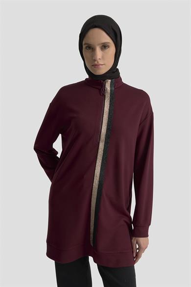 Simli Şerit Detaylı Yarım Fermuarlı Tunik Bordo 25KT407