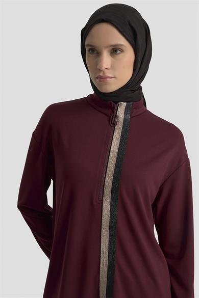 Simli Şerit Detaylı Yarım Fermuarlı Tunik Bordo 25KT407
