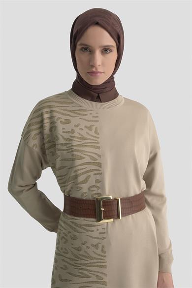 Simli Zebra Desenli Triko Tunik Bej 25YTD4116
