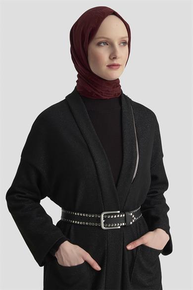 Süs Fermuar Detaylı Simli Fitilli Hırka Siyah 25KT532