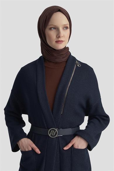 Süs Fermuar Detaylı Simli Fitilli Hırka Lacivert 25KT532