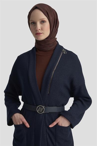 Süs Fermuar Detaylı Simli Fitilli Hırka Lacivert 25KT532