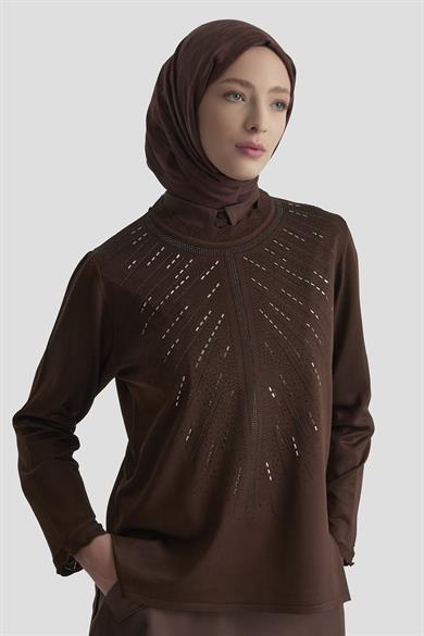Taş Baskılı Triko Tunik Kahverengi 25YTD4126