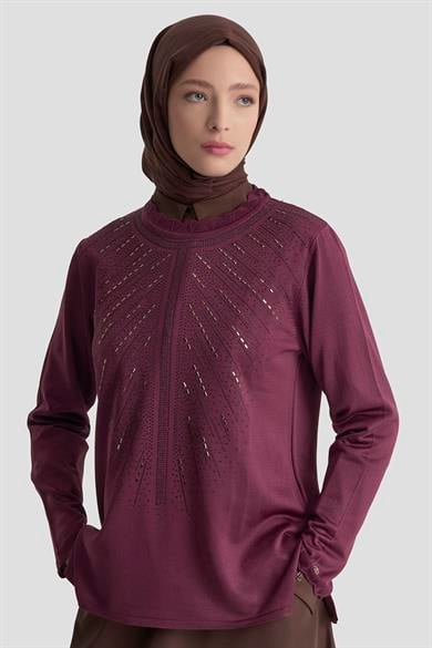Taş Baskılı Triko Tunik Mürdüm 25YTD4126