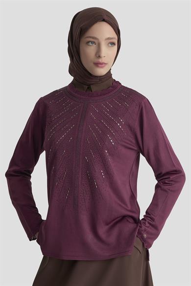 Taş Baskılı Triko Tunik Mürdüm 25YTD4126