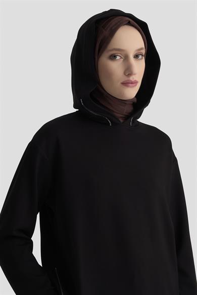 Taş Detaylı Kapüşonlu İkili Spor Takım Siyah 25KT603