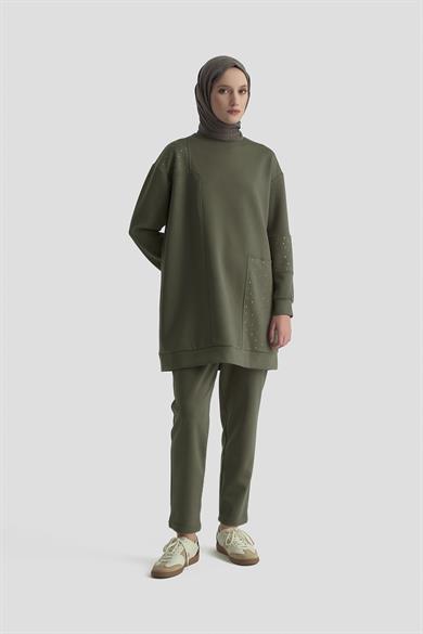 Taş Detaylı Pantolonlu İkili Takım Haki 25YT616