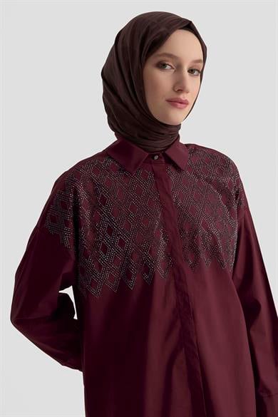 Taş İşlemeli Gizli Düğmeli Tunik-Vişne 25KT419