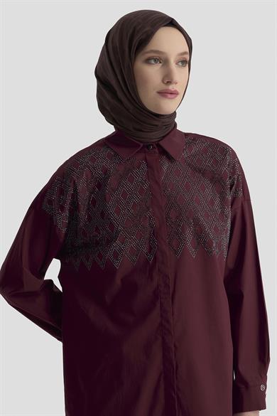 Taş İşlemeli Gizli Düğmeli Tunik-Vişne 25KT419