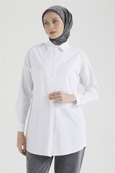 Taş İşlemeli Gizli Düğmeli Tunik-Ekru 25YT311