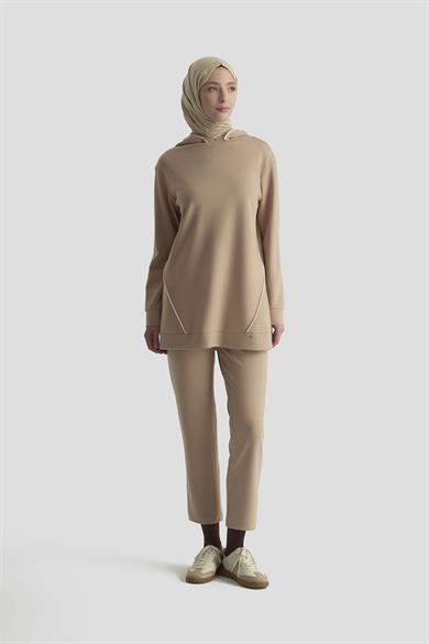 Taşlı Şerit Detaylı Kapüşonlu Pantolonlu İkili Spor Takım Bej 25KT603