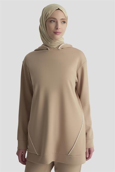 Taşlı Şerit Detaylı Kapüşonlu Pantolonlu İkili Spor Takım Bej 25KT603