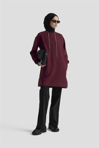 Yakası Taş Bağcık Detaylı Kolları Ribanalı Fermuarlı Tunik Bordo 25KT436