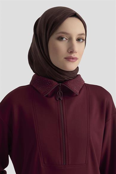 Yakası Taş Detaylı Yarım Fermuarlı Tunik Mürdüm 25KT406