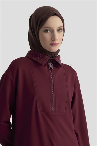 Yakası Taş Detaylı Yarım Fermuarlı Tunik Mürdüm 25KT406