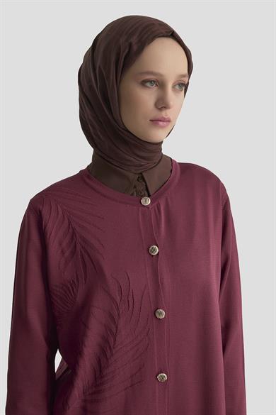 Yaprak Desenli Düğmeli Uzun Triko Hırka Bordo 25YTD4132