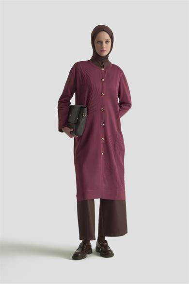 Yaprak Desenli Düğmeli Uzun Triko Hırka Bordo 25YTD4132