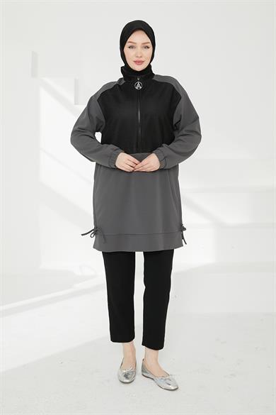 Yarım Fermuarlı File Detaylı Tunik-Gri 24KT434